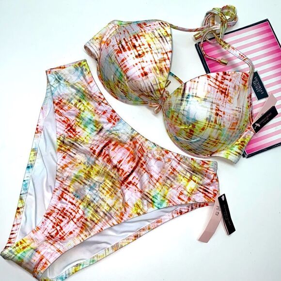 🔥VICTORIA SECRET SWIMSUIT SET TOP 38C push-up //bottom large high waist  New - Picture 1 of 7